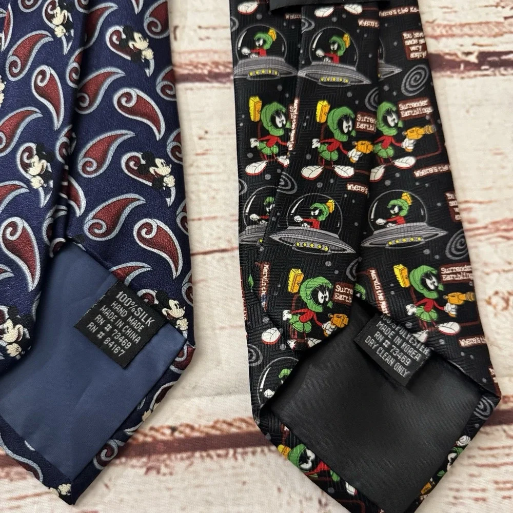 Vintage 90s Looney Tunes Marvin the Martian & Disney Mickey Cartoon Neck Tie Lot